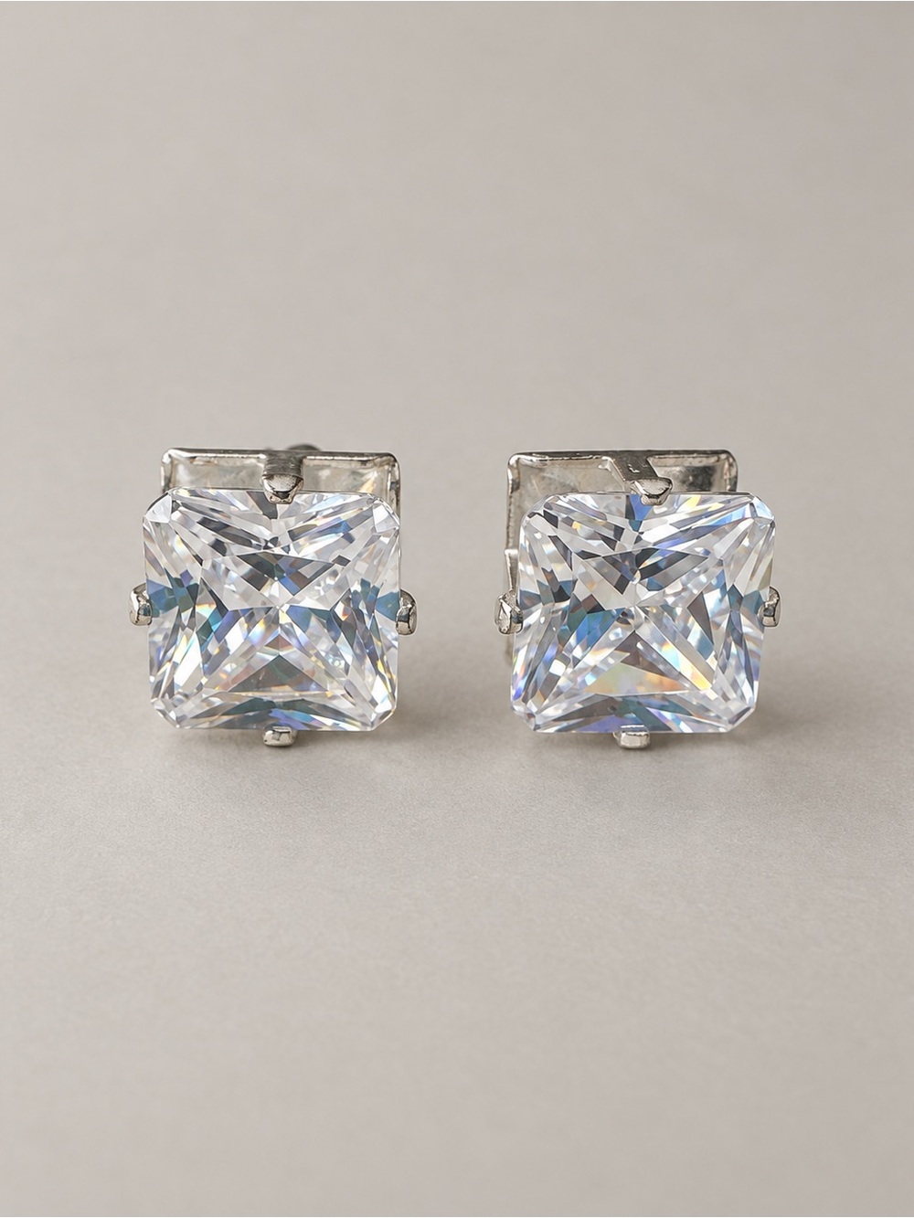 Large Clear Square Simulated Stone Silver Tone Stud Earrings